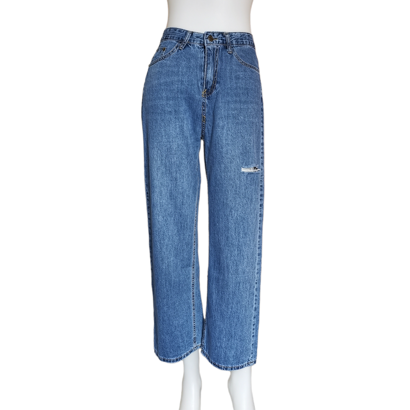 Jeans338 กางเกงยีนส์ขายาวขากระบอกแต่งขาด 1 ข้าง แฟชั่นนำเข้าเกรดพรีเมียม ผ้ายีนส์แท้เนื้อนุ่มน่าใส่