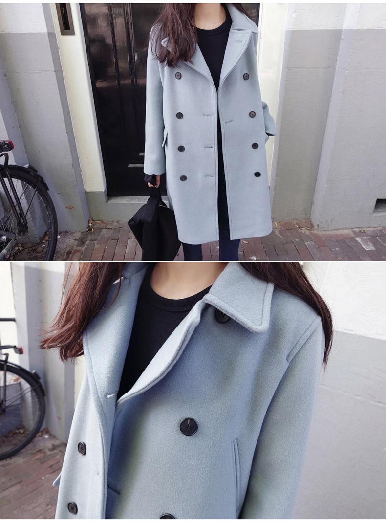 OverCoat เสื้อโค้ทกันหนาว สไตล์เกาหลี สีฟ้าอ่อน ตัวยาวแต่งกระดุมสองแถว บุซับในฟกันลม พร้อมส่ง สีฟ้าอ่อน L