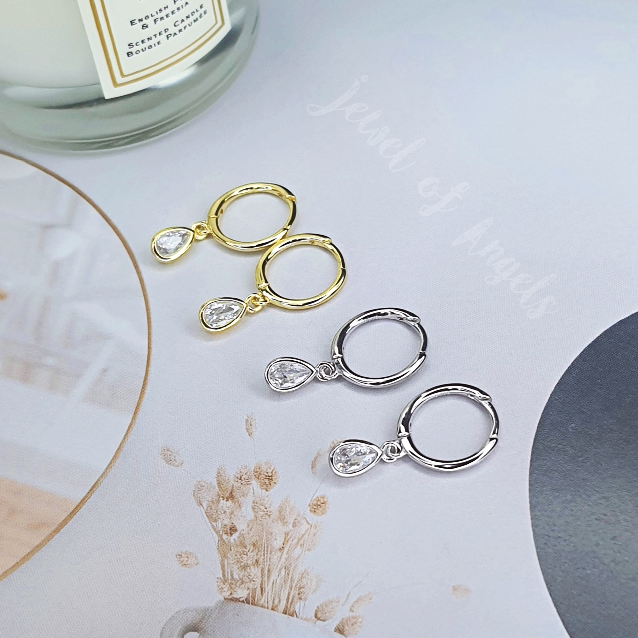 ต่างหูห่วงเงินแท้ S925 รุ่น Mist ต่างหูห่วงเล็ก เพชรCZรูปหยดน้ำ สีเงิน สีทอง Silver925