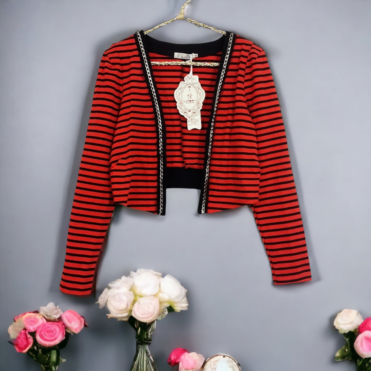 Blouse1814 เสื้อคลุมแฟชั่นแขนยาว ผ้าเนื้อดีลายริ้วโทนสีส้มดำ ผ้าเนื้อหนาสวยยืดได้ขยายได้เยอะ