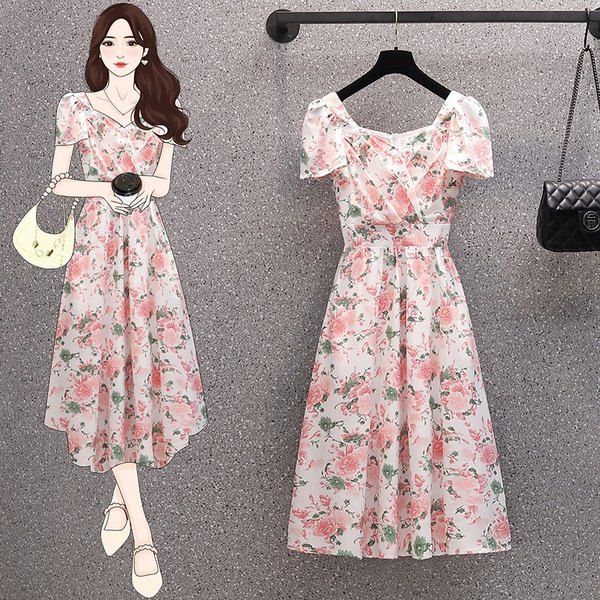เดรสคนอ้วน เดรสสาวอวบ ชุดเดรสคนอ้วนวัยรุ่น เดรสชีฟองสีชมพู BY PLUS SIZE Girl