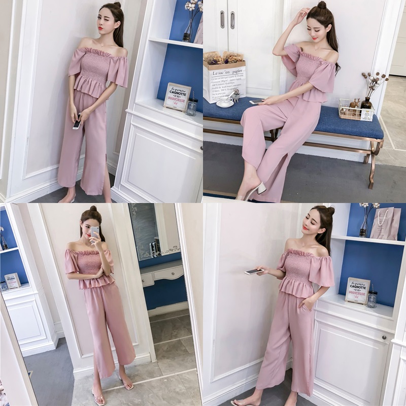 Set_bt1800 ชุดเซ็ท 2 ชิ้น(เสื้อ+กางเกง) เสื้อเปิดไหล่สม็อครอบอกแขนทรงปล่อย+กางเกงขายาวเอวยางยืดผ่าชายเล็กน้อยเพื่อความคล่องตัว มีกระเป๋าข้าง ผ้าชีฟองเกรดพรีเมียมเนื้อดีหนานุ่มมีน้ำหนักใส่สบายไม่ยับง่าย งานน่ารักเก๋ๆ ใส่เที่ยว/ใส่ทำงานได้