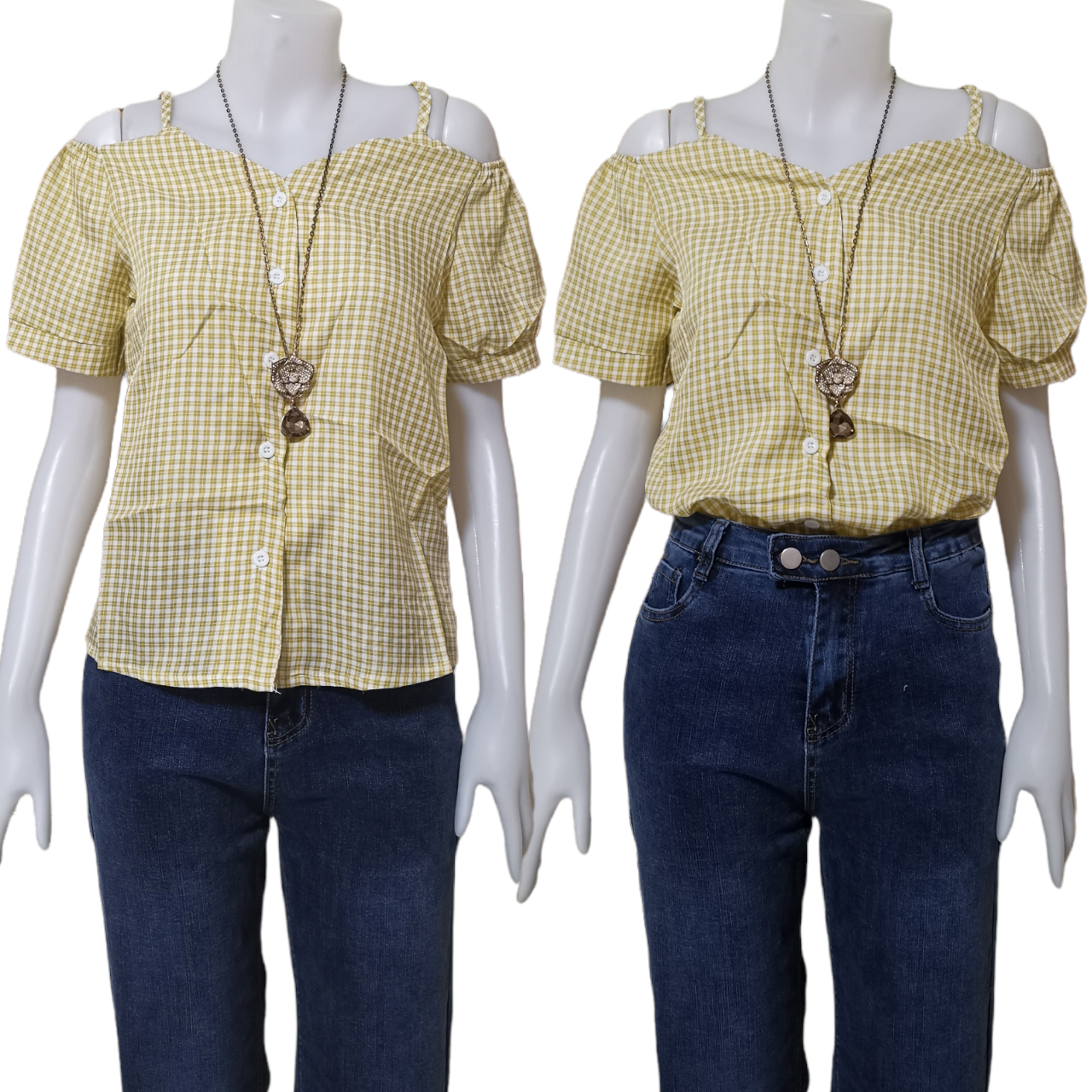 Blouse3968 เสื้อแฟชั่นนำเข้า เสื้อเปิดไหล่ลายสก็อตโทนสีเหลืองมัสตาร์ด กระดุมผ่าหน้า ผ้าโพลีเนื้อดีนุ่มใส่สบาย งานน่ารักแมทช์กับอะไรก็เข้า