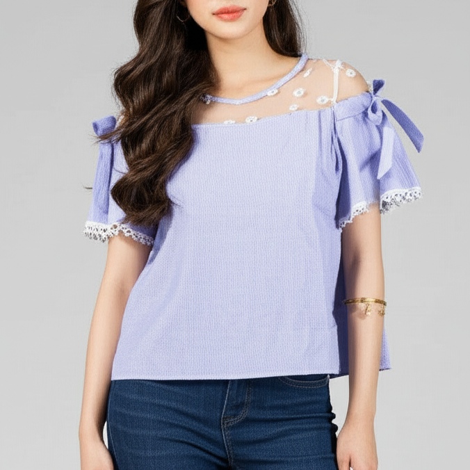 Blouse3715 เสื้อแฟชั่นน่ารัก อกซีทรูปักดอกไม้ แขนระบายแต่งโบว์ผูก ผ้าคอตตอนเนื้อดีลายสก็อตเล็กโทนสีฟ้า งานน่ารักดีเทลดีงาม แมทช์กับอะไรก็สวย