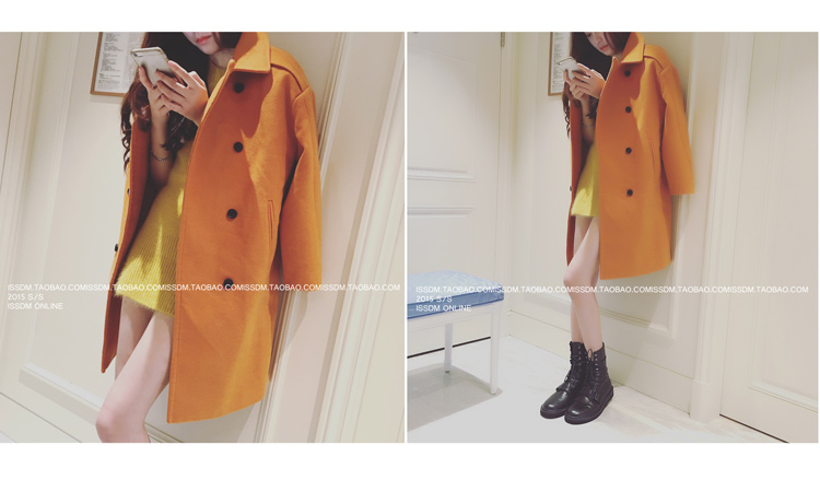 เสื้อโค้ทกันหนาว สีส้ม ทรงยาวโคล่ง แต่งกระดุุม 2 แถว ผ้าวูลผสมสักกะหลาด บุซับในกันลม พร้อมส่ง สีส้มโทนเดียวกับในภาพเลยค่า