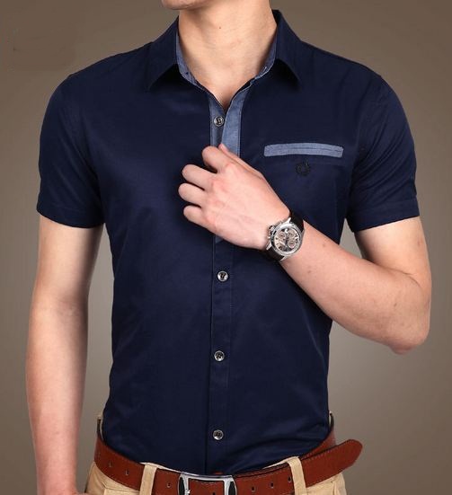เสื้อเชิ้ตแขนสั้น เสื้อเชิ้ตผู้ชาย ใส่เที่ยวใส่ทำงาน ดีไซน์ มีลูกเล่น ที่แนวกระดุม ซ่อนกระดุมครึ่งบน กระเป๋าหน้า สีพื้น สีน้ำเงินเข้ม กรมท่า no 213444_1