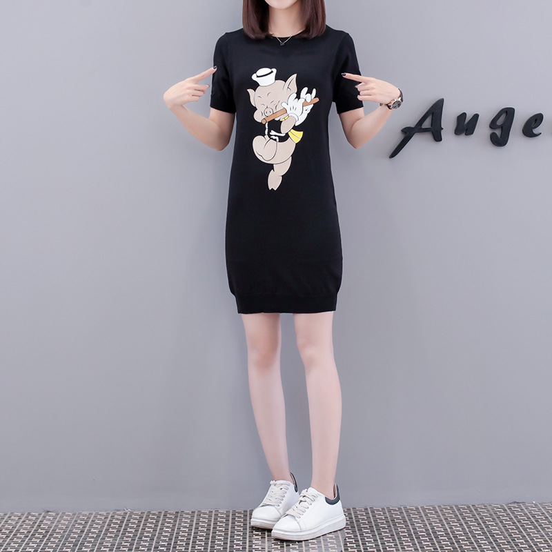 Dress4576 เดรสไหมพรมแขนสั้นสีพื้นดำแต่งลาย Pig ผ้าไหมพรมถักเนื้อนุ่มยืดหยุ่นสูงเนื้อหนาปานกลางใส่ได้ทุกฤดูกาล งานสวยใส่ง่ายน่ารักมาก