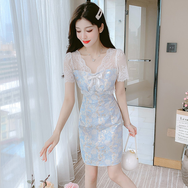 เดรสลูกไม้ เดรสชีฟองสวยๆ แขนสั้น By Meiyi women's clothing