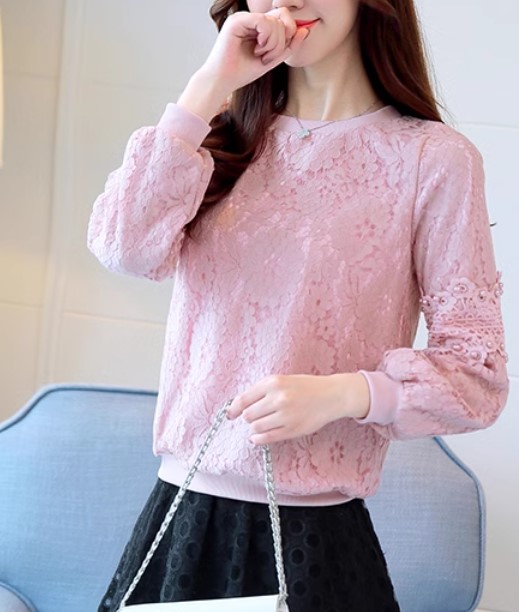 เสื้อลูกไม้แขนยาว เสื้อแฟชั่น ผู้หญิง ผ้าลูกไม้ แนวร่วมสมัย คอกลม แขนจั้ม เอวจั้ม แบบน่ารัก ๆ สีขาว ดำ 134899