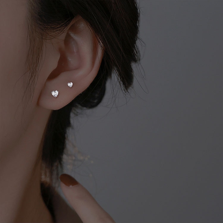 ต่างหูเงินแท้ทั้งชิ้น S925 รุ่น Lovely ต่างหูก้านเสียบ เพชรCZรูปหัวใจ สีเงิน 3mm 4mm 5mm Silver925