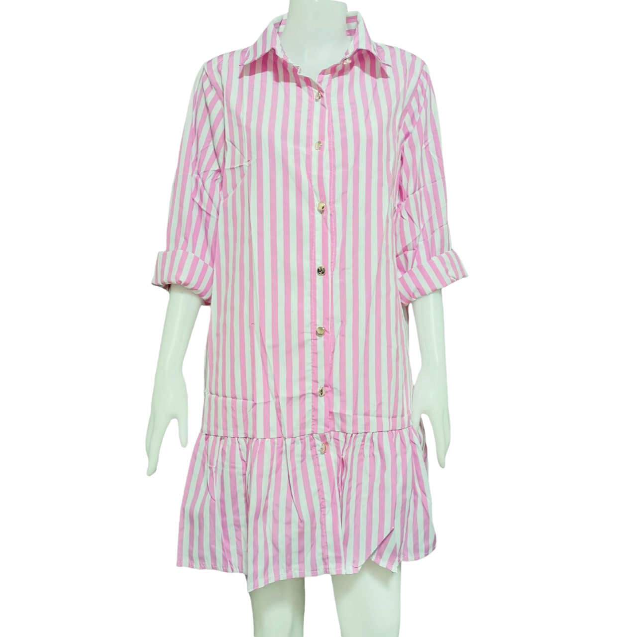 Dress3614 เดรสไซส์ใหญ่คอปกเชิ้ตลายริ้ว กระดุมหน้า แขนยาว ชายระบาย ผ้าคอตตอนโพลีเนื้อดีใส่สบายไม่ยับง่าย มี 4 สี ขาวดำ ขาวแดง ขาวชมพู ขาวน้ำเงิน