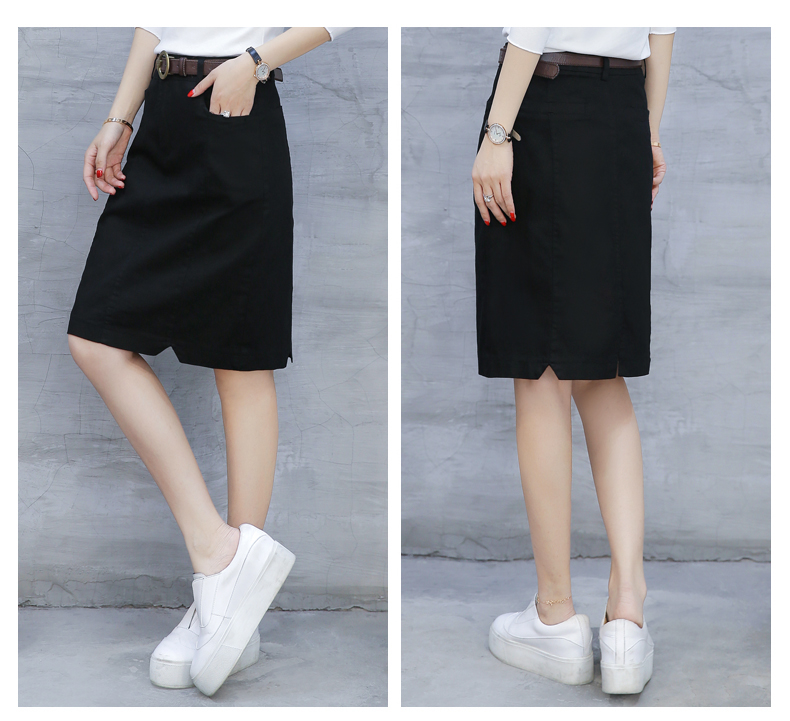 Skirt342 กระโปรงแฟชั่นผ้าคอตตอนยีนส์เนื้อดีหนาสวยสีพื้นทรงเข้ารูป ซิปหน้า กระเป๋าข้าง งานดีแมทช์ง่าย ทรงสวยเป๊ะ ใส่กับเสื้อตัวไหนก็ดูดี มี 2 สี ดำ, น้ำตาล