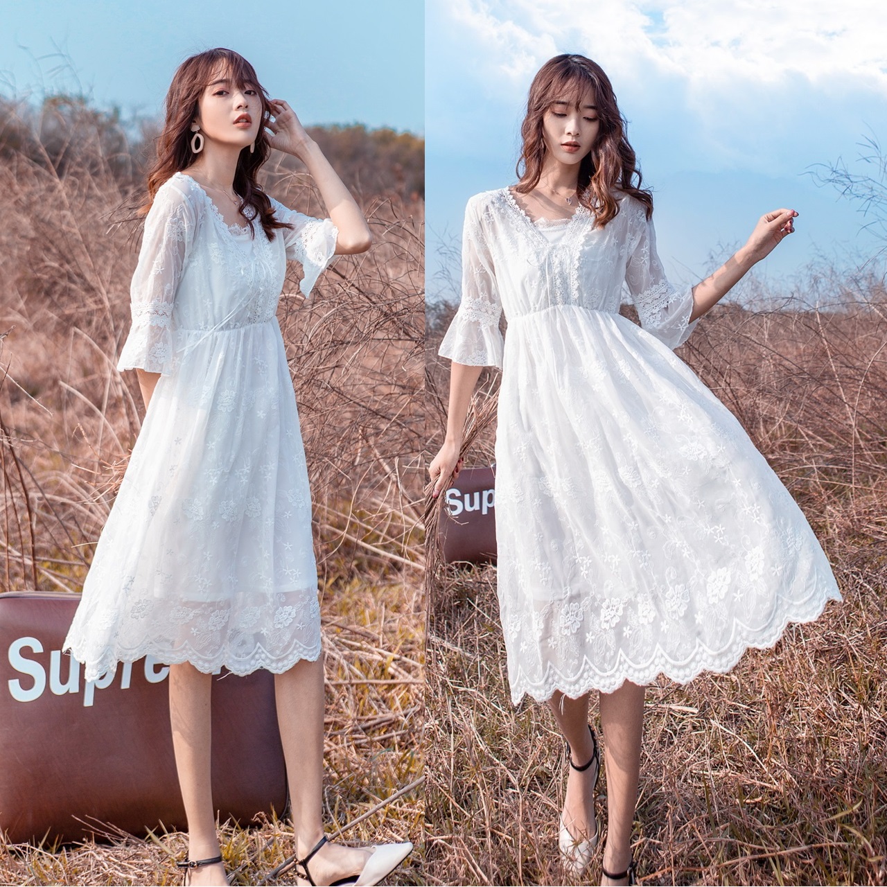 Dress4720 เดรสยาวชีฟองสีขาวปักลูกไม้ลายดอกทั้งตัว คอวีแต่งเชือกผูกไขว้ แขนยาวสี่ส่วนระบายแต่งลูกไม้ ซิปข้าง เอวสม็อคยางยืด ผ้าชีฟองเกรดพรีเมียมเนื้อดีนุ่มน่าใส่ มีซับในอย่างดี งานสวยหรูดีเทลดีงามดูสวยแพง ใส่เที่ยว/ใส่ออกงานได้
