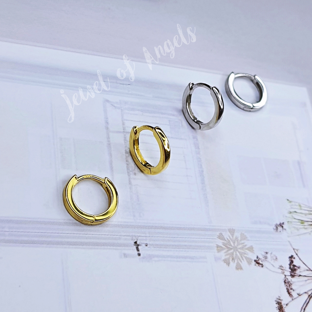ต่างหูห่วงเงินแท้ S925 รุ่น Free ห่วงเรียบขอบเหลี่ยม สูงวงนอก9.5mm สีเงิน สีทอง ตุ้มหูห่วง Silver925
