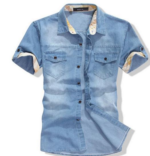เสื้อเชิ้ตยีนส์ ผู้ชาย เสื้อยีนส์ แขนสั้น สียีนส์ ฟ้าอ่อน แบบเท่ ๆ ดีไซน์ พับแขน 2 สี เสื้อใส่เที่ยว เท่ ๆ ใส่ทำงาน วันหยุด สบาย ๆ 611928_1
