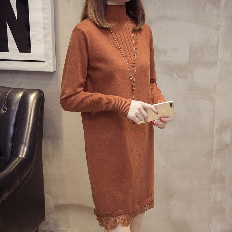 Dress4530 เดรสไหมพรมโอเวอร์ไซส์ทรงหลวมๆ แขนยาวคอเต่าชายลูกไม้สีพื้นน้ำตาลอิฐ งานไหมพรมถักเนื้อนุ่มพิเศษใส่นิ่มสบายผิวงานเกรดพรีเมียม งานดีดีไซน์น่ารัก ใส่ชิลล์ๆ ในวันสบายๆ หรือใส่เที่ยวก็ดูดี