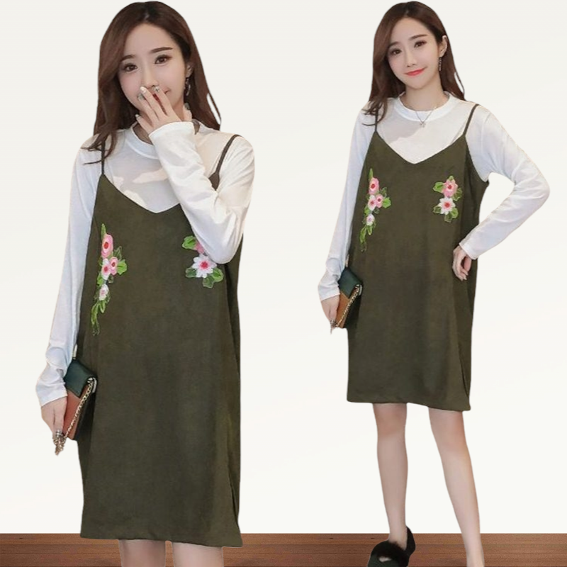 Dress4729 เสื้อแขนยาว+เดรสกระโปรงแต่งลายปักดอกไม้ผ้าคอตตอนกำมะหยี่เนื้อดีหนานุ่มมีน้ำหนักทิ้งตัว งานดีดูสวยแพง