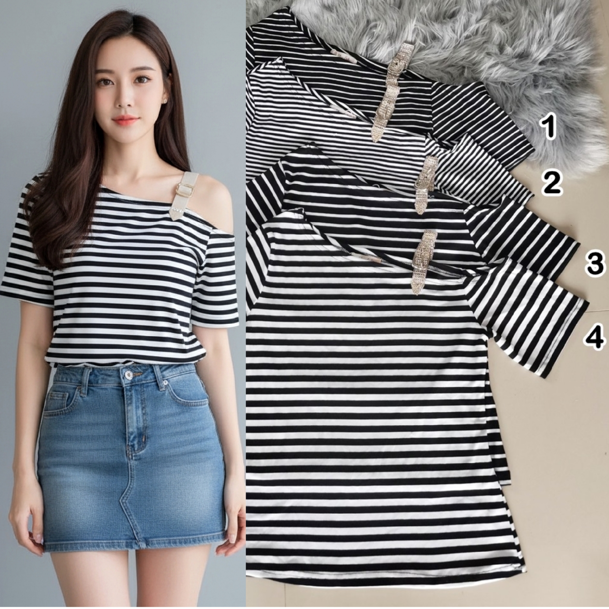 👕 Blouse3974 เสื้อยืดลายริ้วเปิดไหล่ข้างเดียว ผ้าคอตตอนเรย่อนเนื้อดี หัวเข็มขัดเพชรวิบวับ ดีเทลเก๋แมทช์ง่าย ดูมีสไตล์พรีเมียม