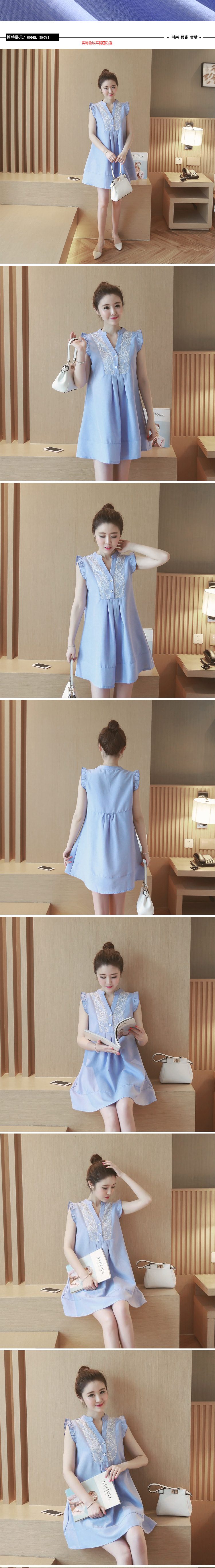 Dress4437 เดรสทรงปล่อยสีฟ้าแขนกุดแต่งระบาย กระดุมอกแต่งลูกไม้เพิ่มความน่ารัก ผ้าคอตตอนโพลีเนื้อดีเรียบสวยไม่ยับง่าย งานน่ารักใส่เก๋ๆ ได้บ่อย