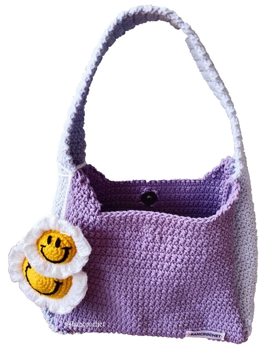 Bancrochet กระเป๋าถักโครเชต์ crochet bag ม่วง 8*5.5 สาย 7 inch
