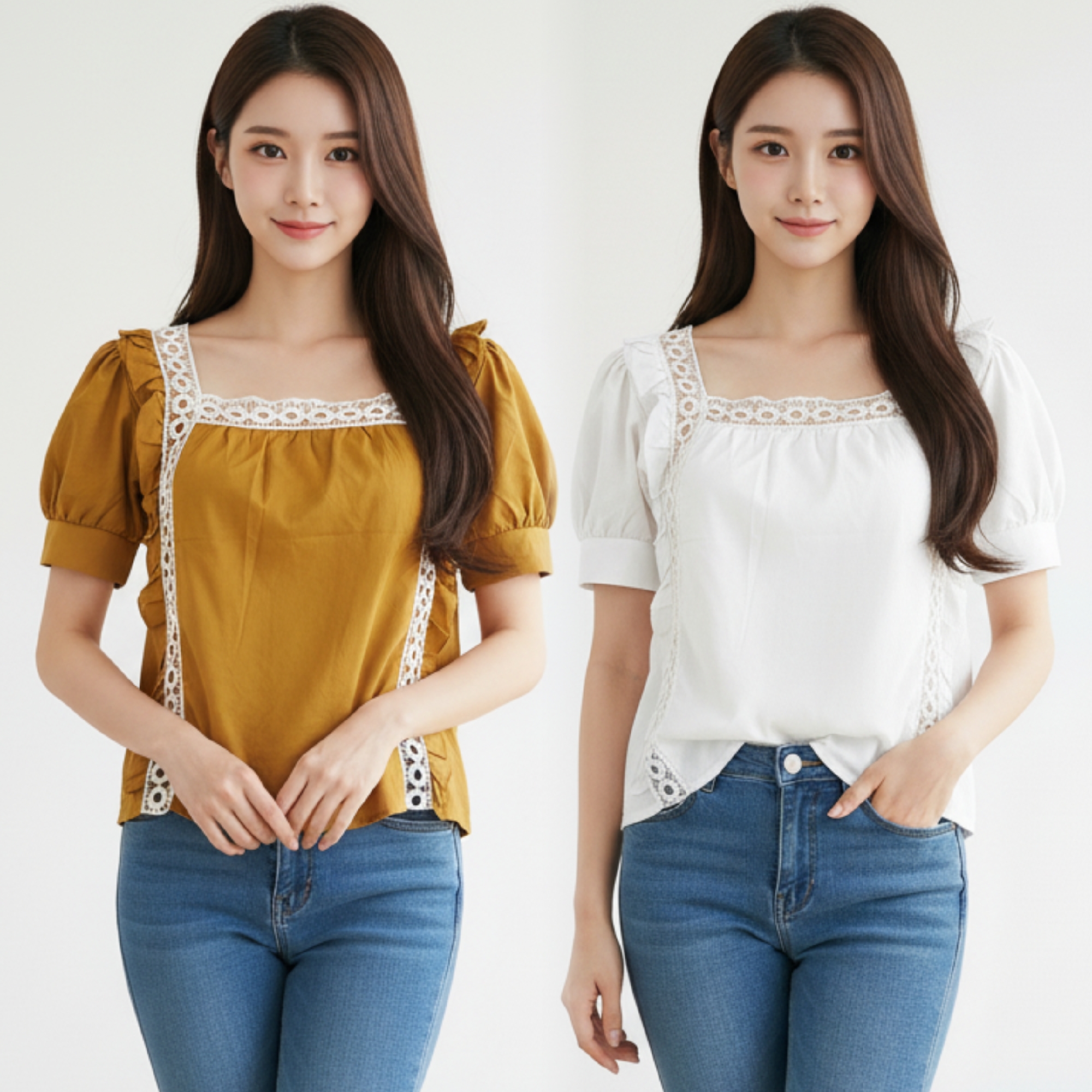 Blouse3903 เสื้อแฟชั่นน่ารักทรงคอเหลี่ยมแต่งระบายลูกไม้ แขนตุ๊กตา ผ้าคอตตอนเนื้อดีหนาสวย แมทช์กับอะไรก็สวย มี 2 สี ขาว, เหลืองมัสตาร์ด