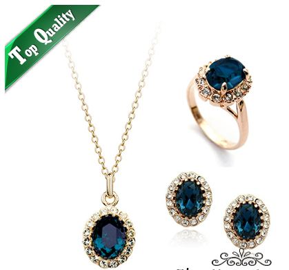 Set เครื่องประดับออกงาน คริสตัล ออสเตรีย สีน้ำเงิน ล้อมเพชร Swiss ทอง 18 K no 87483