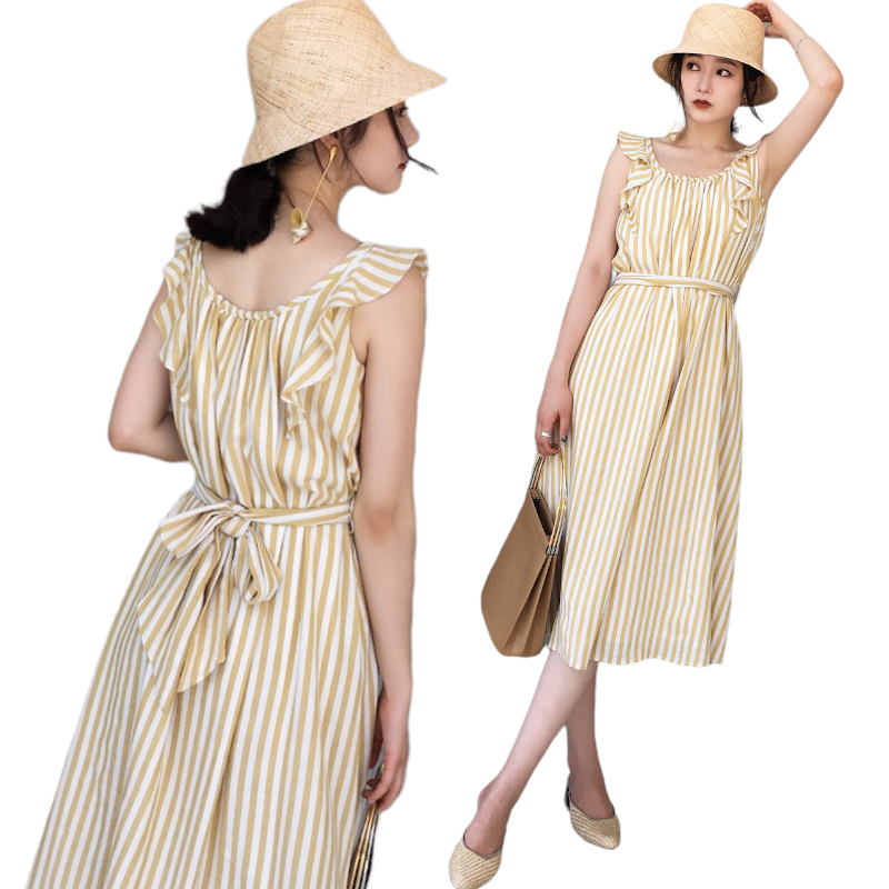 Dress4597 เดรสยาวทรงปล่อยลายทางโทนสีขาวเหลืองมัสตาร์ด สายบ่าแต่งระบาย มีผ้าผูกเอว ผ้าลินินเนื้อดี