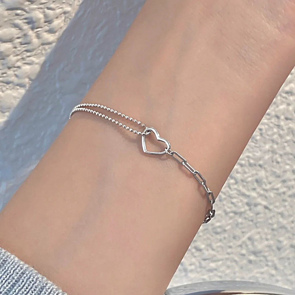 สร้อยข้อมือเงินแท้S925 รุ่น Charming สร้อยโซ่และดอท จี้หัวใจโปร่ง สีเงิน เงินแท้ทั้งชิ้น Silver925