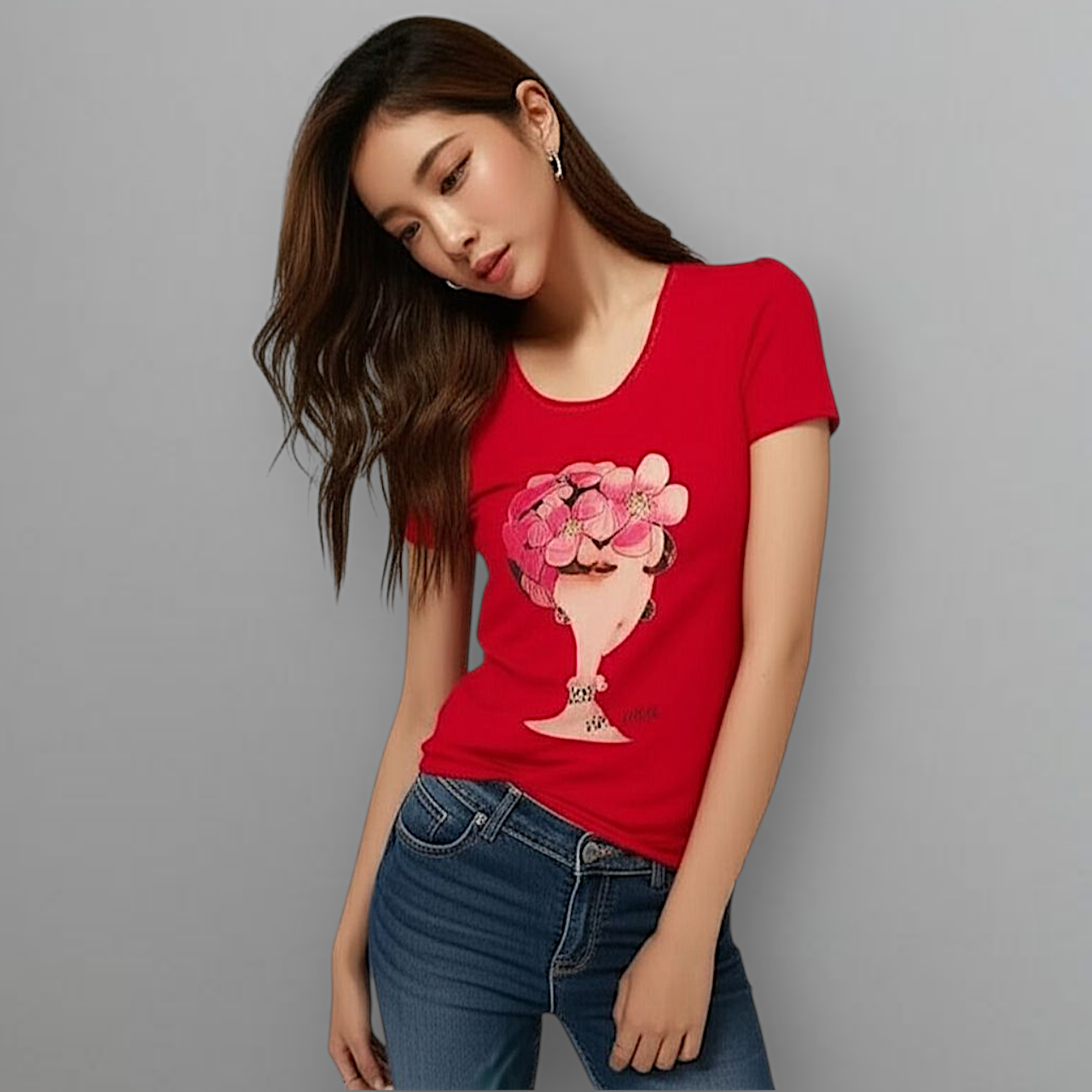Blouse1788 เสื้อแฟชั่นผ้าชีฟองเนื้อทรายสีแดง แขนสั้น ดีเทลแต่งลายผู้หญิงปักมุก งานสวยแมทช์กับอะไรก็เข้า