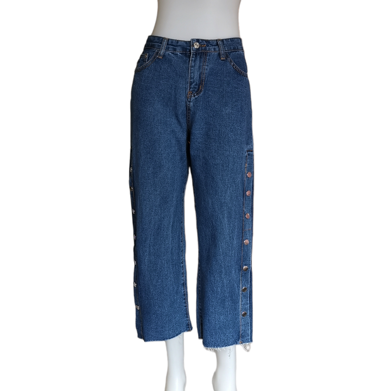 Jeans336 กางเกงยีนส์ขายาวขากระบอก ด้านข้างแต่งกระดุมแป๊กแกะออกใช้งานได้จริง แฟชั่นนำเข้าเกรดพรีเมียม