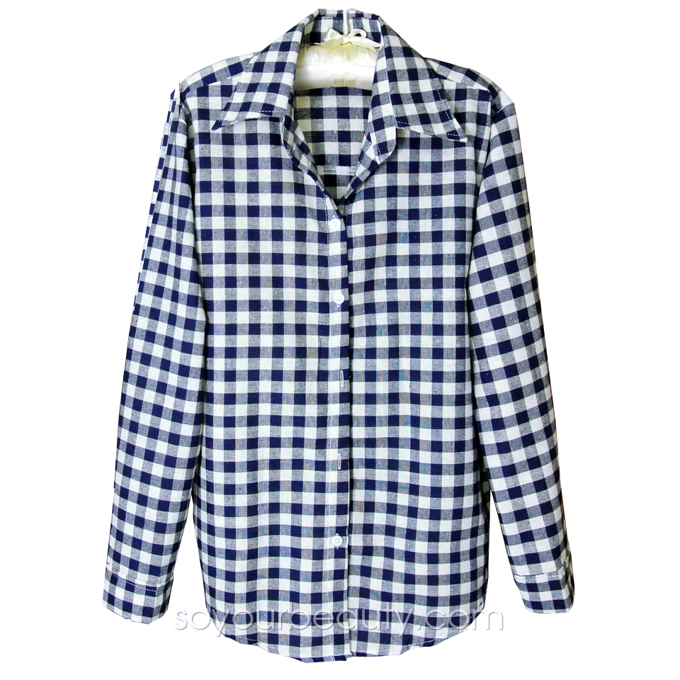 เสื้อผ้าแฟชั่น เสื้อเชิ้ตผู้หญิงลายสก๊อต (ขาว-น้ำเงิน) (ขาว-ดำ)