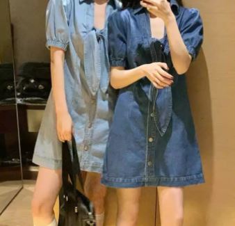 เดรสยีนส์ แขนสั้น เดรสกระโปรง แบบวัยรุ่น เปรี้ยว ๆ ติดโบว์ เดรส กระดุมหน้า ใส่สวย ดูเซ็กซี่ 242197