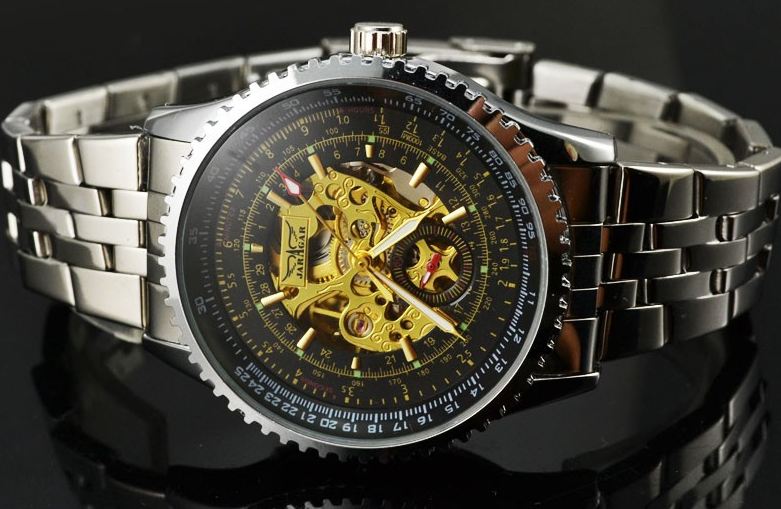 นาฬิกาข้อมือ Mechanical watch นาฬิกาโชว์กลไก นาฬิกาเปลือย สาย Stainless หน้าปัดดำ ตัวกลไกสีทอง ตัดกันอย่างลงตัว no 82069_1