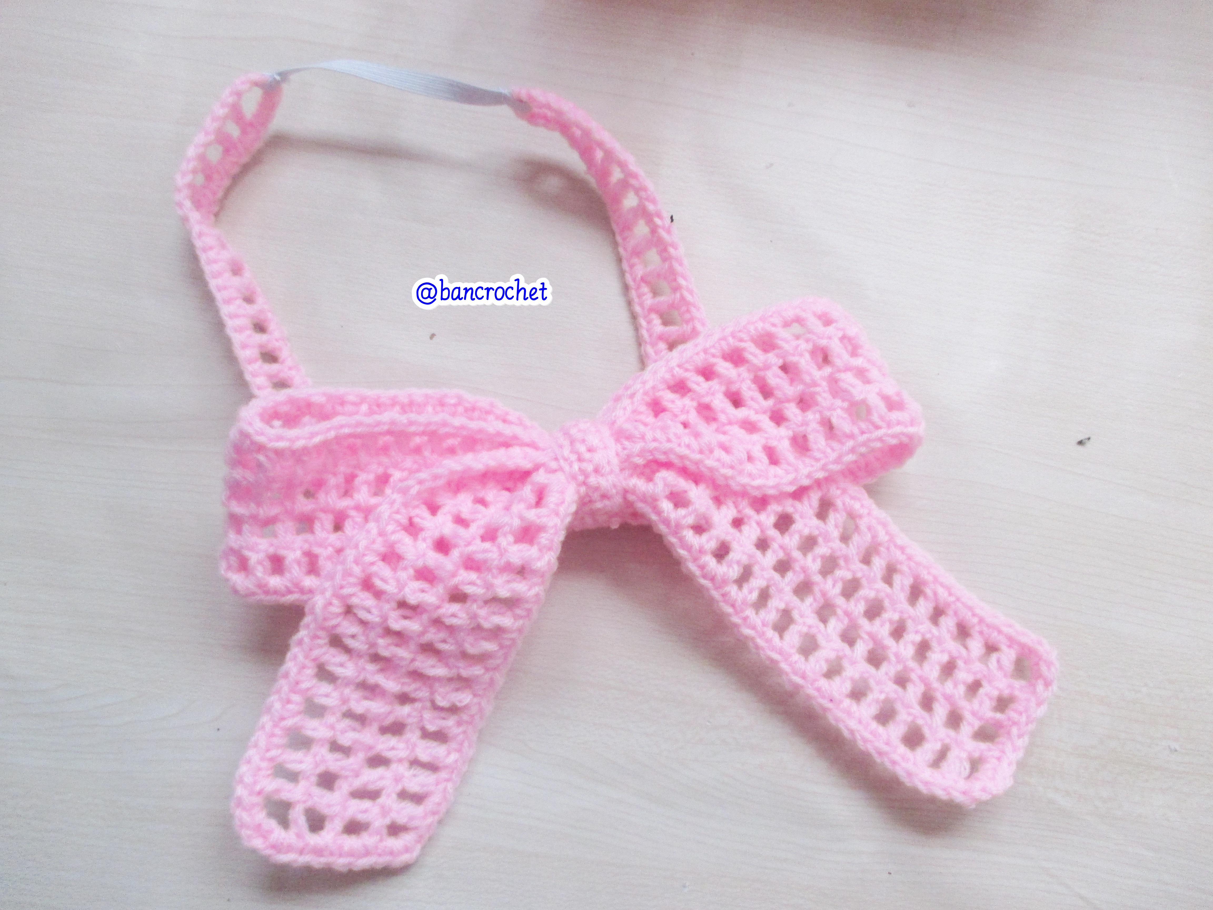 Bancrochet ที่คาดผมถักโครเชต์ โบว์ถักคาดผม Crochet Bow Headband ชมพูอ่อน 5 inch