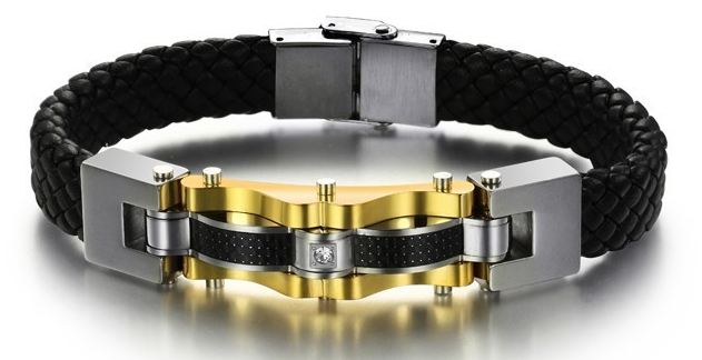 สร้อยข้อมือผู้ชาย กำไลข้อมือผู้ชาย สาย สแตนเลส ผสม หนังถัก สีดำ แต่งด้วย Stainless สีทอง ประดับเพชร CZ ตรงกลาง ของขวัญสุดหรู no 288238