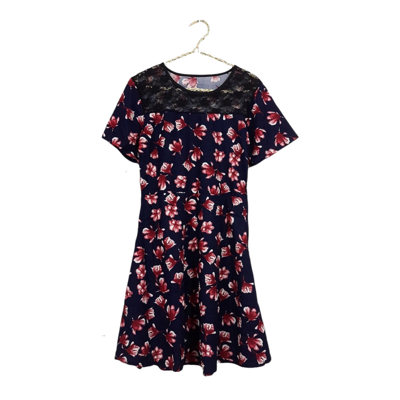 Dress3312 ชุดเดรสแฟชั่น อกลูกไม้สีดำ แขนสั้น ผ้าวูลเวฟ(ผ้าหนังไก่)เนื้อดีนุ่มยืดหยุ่นสูงใส่สบาย ลายดอกไม้ สีกรมท่า