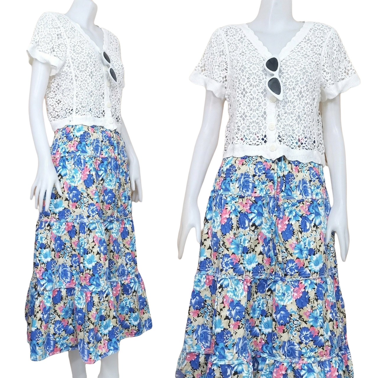 Skirt403-406 กระโปรงยาวลายดอกไม้ เอวสม็อคยางยืด ผ้าคอตตอนยีนส์, ผ้าสกินนี่เนื้อดีมีน้ำหนัก งานสวยน่ารักทรงนี้มีติดตู้ไว้ใส่ได้เรื่อยๆ งานน่ารักแมทช์กับอะไรก็เข้า