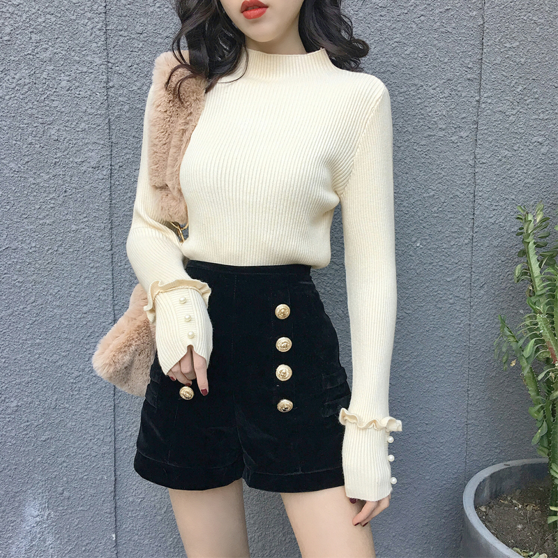 เสื้อสเวตเตอร์ ไหมพรมคอเต่า ลายทางในตัว ยืดได้เยอะ ผ้านุ่ม ครีม