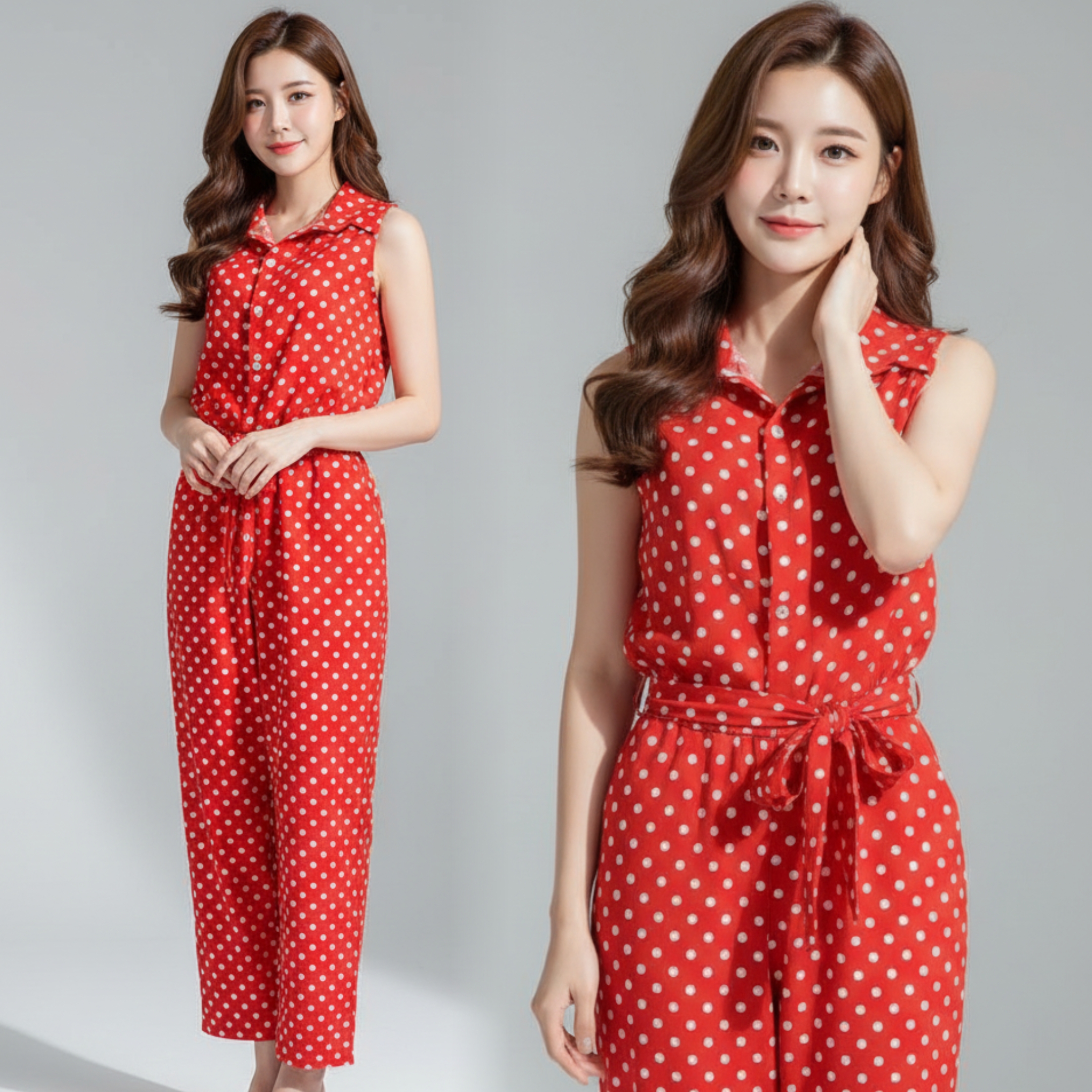 Jumpsuit639 จัมพ์สูทขายาวคอปกเชิ้ตสีส้มลายจุด กระดุมหน้า เอวสม็อคยางยืด มีผ้าผูกเอว กระเป๋าข้าง ผ้าไหมอิตาลีเกรดเอเนื้อหนาลายจุด งานน่ารักผ้าเนื้อนุ่มใส่สบายไม่ร้อน