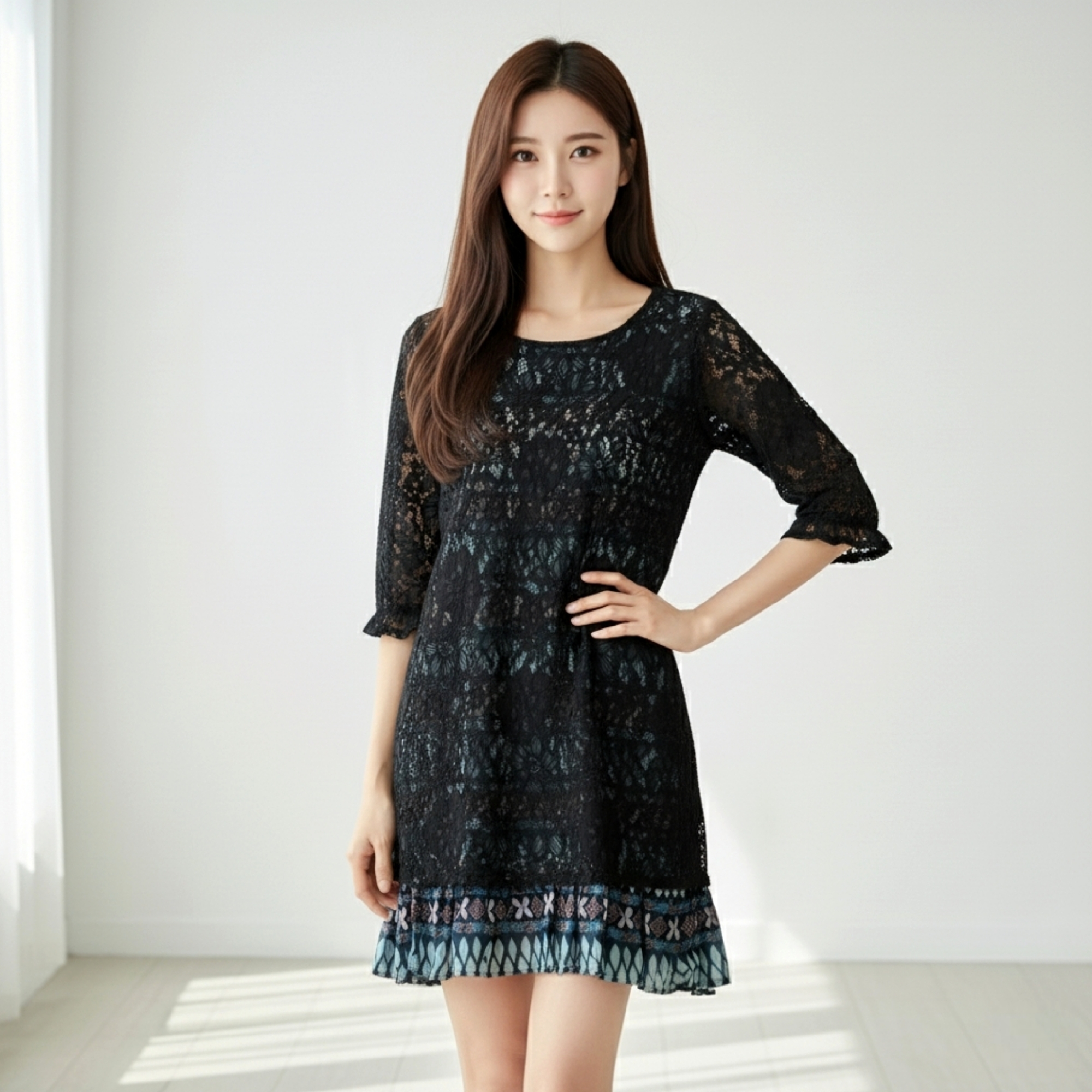 Dress3932 เดรสลูกไม้สีดำเนื้อนุ่มคลุมทับผ้าเนื้อดีลายกราฟฟิค แต่งชายระบาย แขนยาวสี่ส่วนชายระบาย งานสวย ใส่ง่าย น่ารักมาก