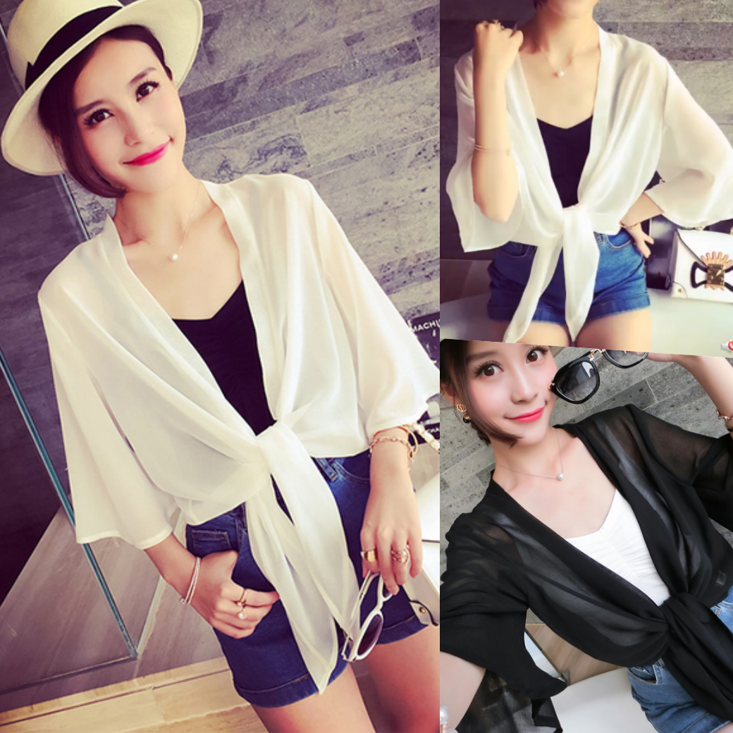 เสื้อคลุมแฟชั่น ผ้าชีฟอง สีขาว/สีดำ ชายผูก ใส่คลุมเก๋ๆ ใส่สบาย พร้อมส่งจ้า