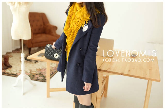 LADY COAT เสื้อโค้ทกันหนาว ยาว 25 นิ้ว ทรงหวานๆ สไตล์เกาหลี พร้อมส่ง ไม่รวมเช็มกลัด DARK BLUE