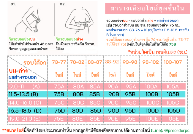 ตารางไซส์ ตารางเทียบไซส์ชุดชั้นใน