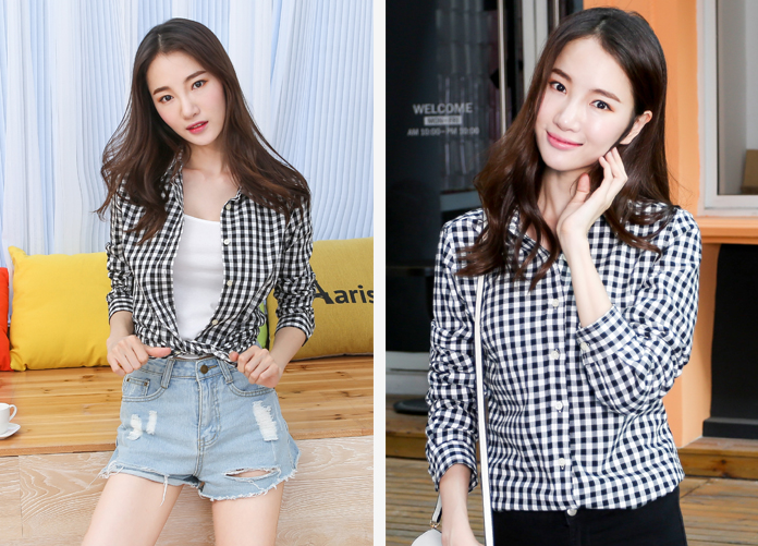 เสื้อผ้าแฟชั่น เสื้อเชิ้ตผู้หญิงลายสก๊อต (ขาว-น้ำเงิน) (ขาว-ดำ)