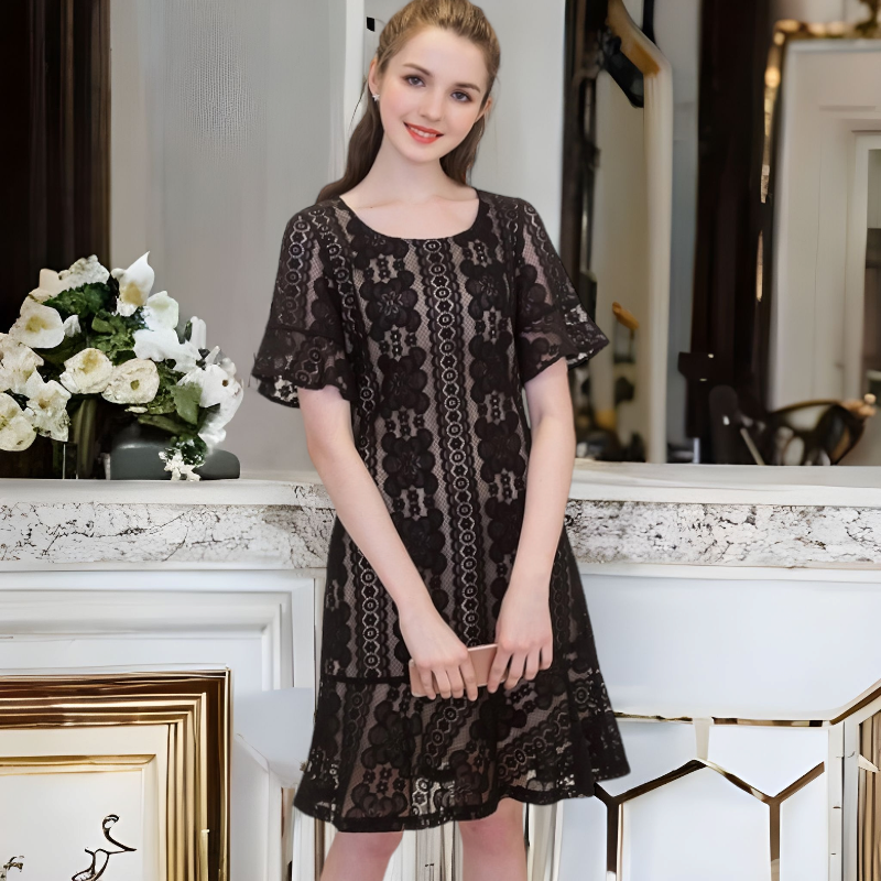 Dress4380 เดรสลูกไม้สีดำลายสวยซับในสีเนื้อ ชายระบาย ผ้าลูกไม้คอตตอนเกรดพรีเมียมเนื้อดี
