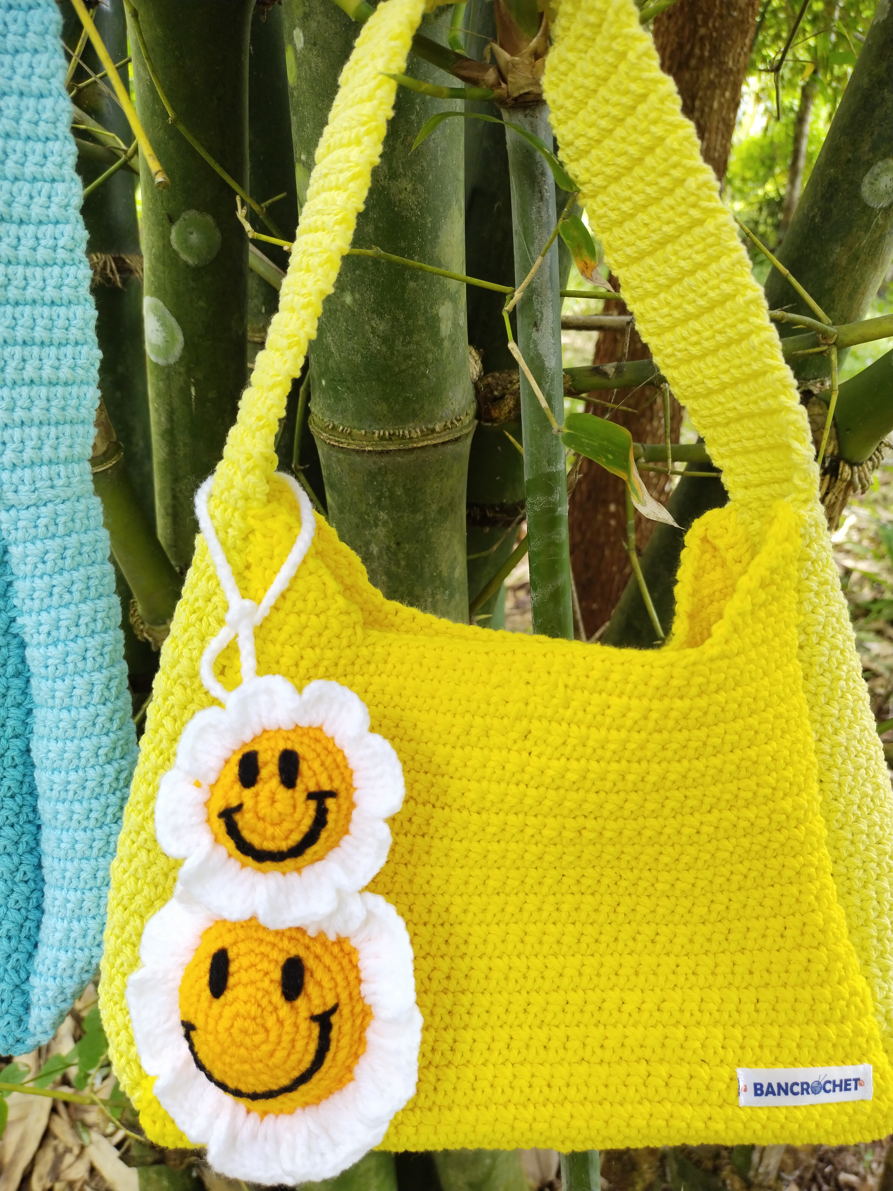 Bancrochet กระเป๋าถักโครเชต์ crochet bag เหลือง 8*5.5 สาย 7 inch