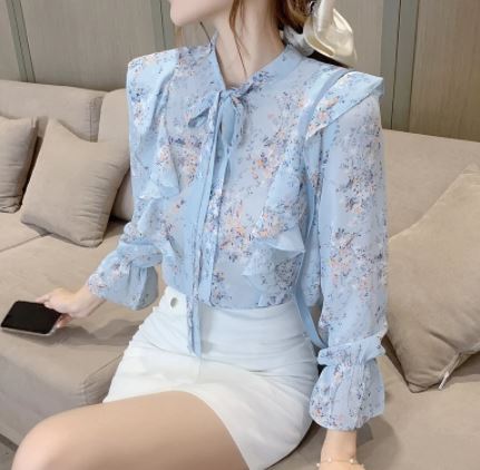 เสื้อเชิ้ตผู้หญิง เสื้อเชิ้ต แฟชั่น ผ้าซีฟอง สีฟ้า ลายดอกไม้ แต่งระบาย แสนสวย เสื้อแฟชั่น ใส่เที่ยว ใส่ทำงาน 753147