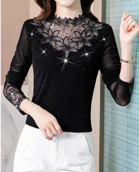 แฟชั่น เสืื้อลูกไม้ สีดำ แขนยาว ผสมผสานกับ ผ้าซีทรู สวย เซ็กซี่ เสื้อลูกไม้ สวย ๆ ใส่ออกงาน 858212
