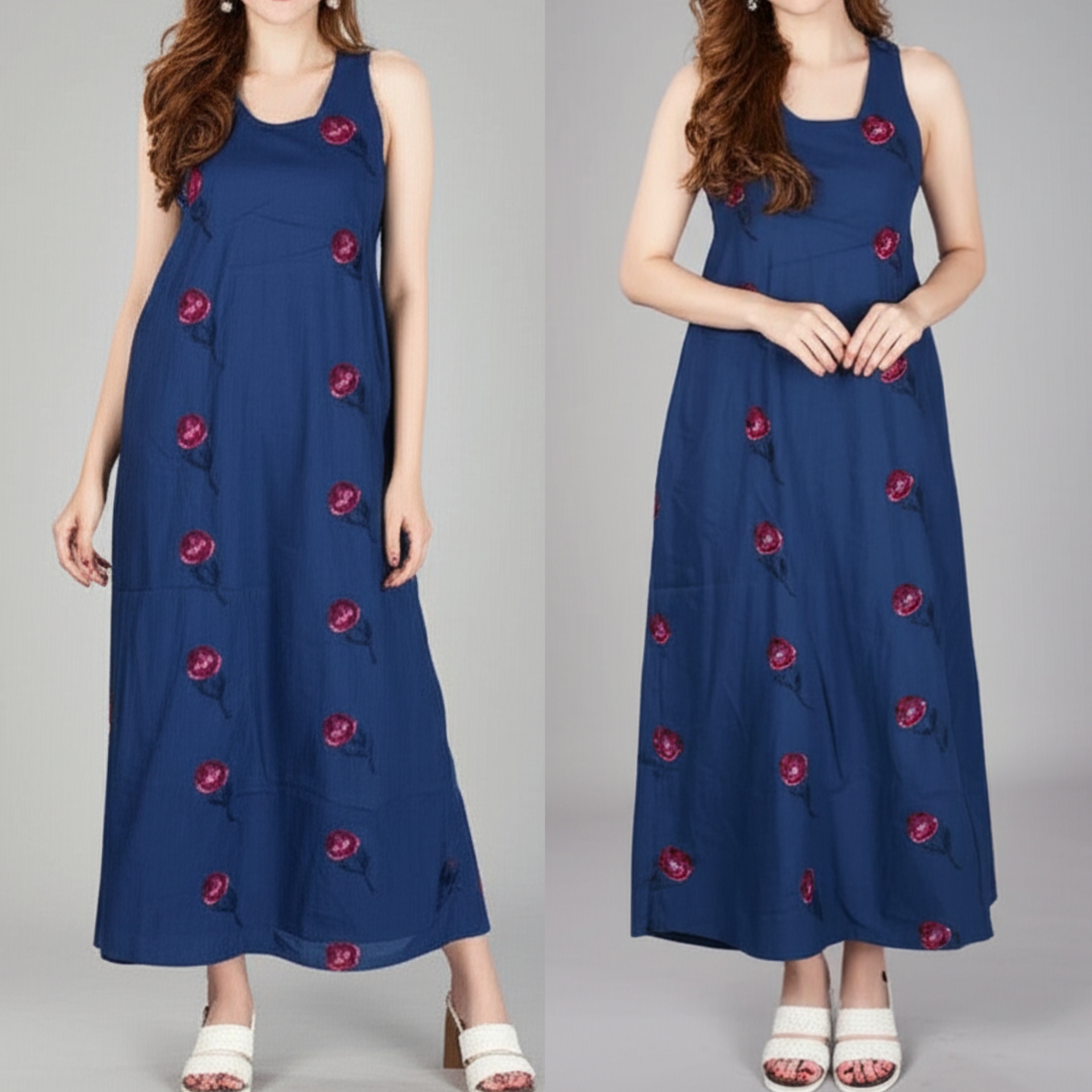 🌹 Dress3409 Maxi Dress แม็กซี่เดรสยีนส์ปักกุหลาบ ใส่แล้วสวยหวานแต่ยังดูเท่มีสไตล์ สียีนส์เข้ม