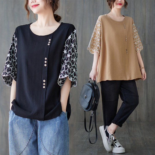 เสื้อลินินคนอ้วน เสื้อทีเชิ้ตคนอ้วนผู้หญิง เสื้อทีเชิ้ตตัวใหญ่ By Literary Plus size